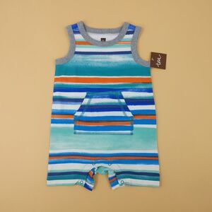 Tea Collection Tank Romper Baby 9-12 M Blue Striped Cargo Pocket